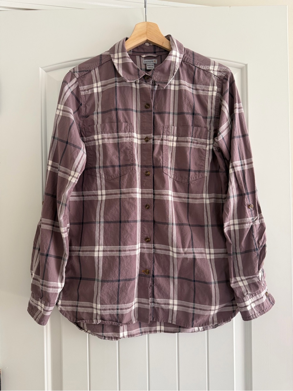 Carhartt Women’s Mauve Plaid Button-Down Flannel Shirt Size Medium Fall Winter